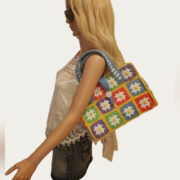 unbranded Handbags - Bohemian VINTAGE Colorful CRAFTED Crochet Tote Bag